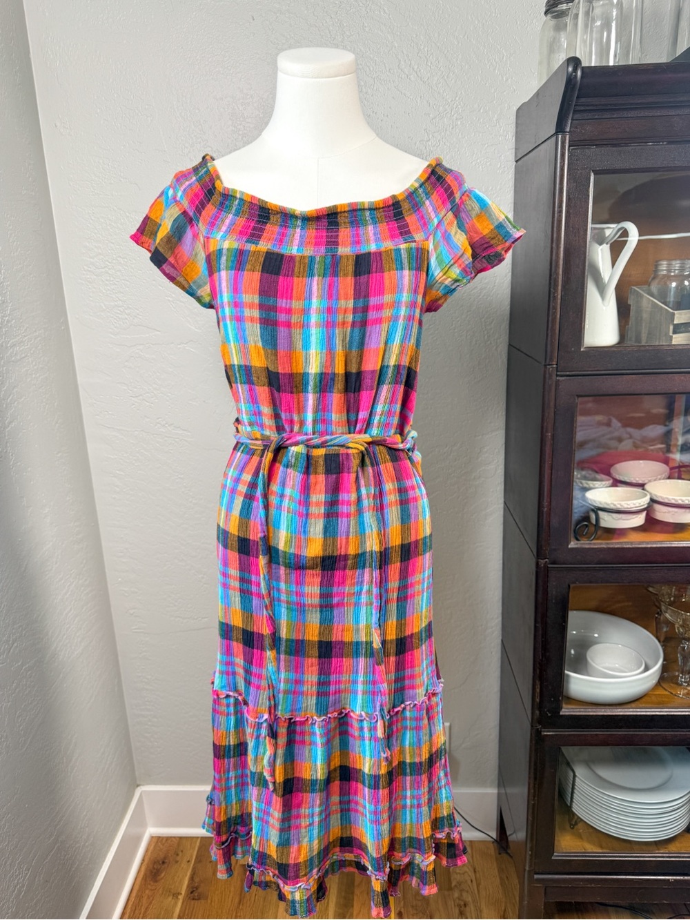 Multicolor Plaid Midi Dress with Waist Tie